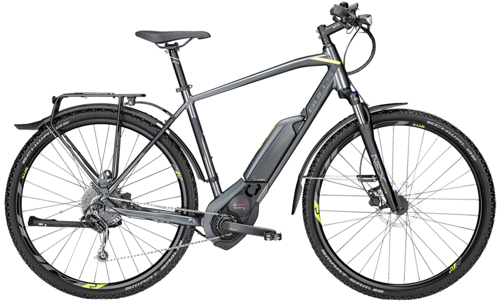 Bulls Cross Street E1 CX He Bulls Pedelec mit Herrenrahmen in schwarz mit Bosc Motor, shimano schaltung und suntour federgabel
