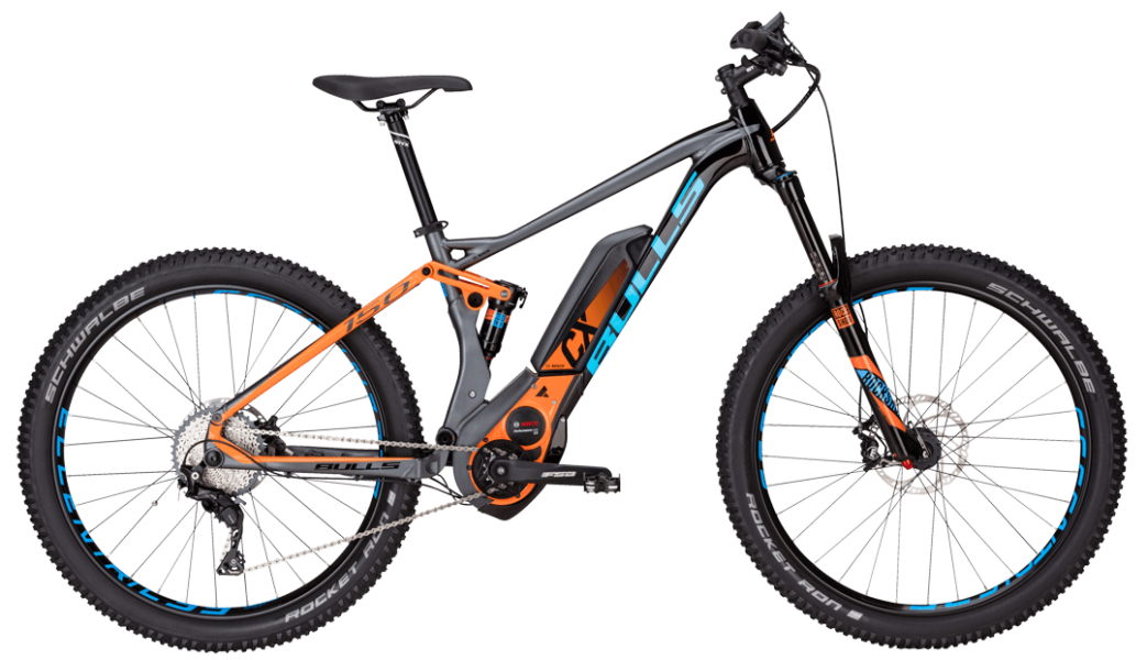 Bulls Six50+ E-FS3 Bulls Fully Pedelec in grau orange mit bosch motor und shimano kettenschaltung xt und rockshox federgabel
