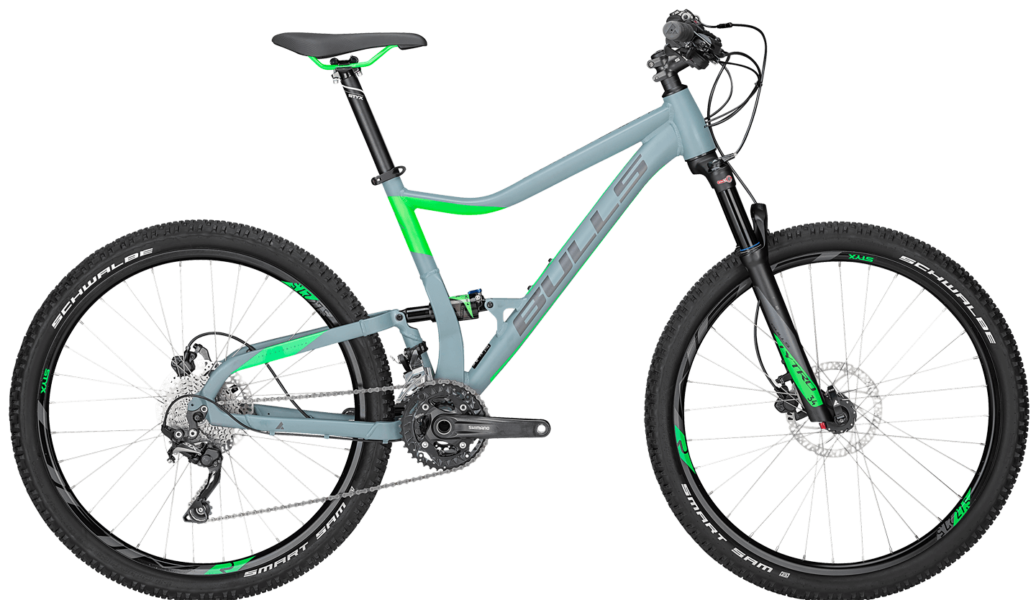 Bulls Wild Card 2 Bulls mountainbike fully in grau mit suntour federgabel und dämpfer mit schwalbe smart sam reifen