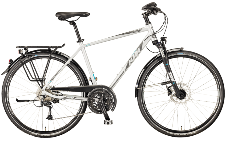 KTM Avenza 27 Disc He KTM Trekkingrad mit Herrenrahmen in silber mit shimano schaltung, suntour Federgabel und Schwalbe marathon reifen