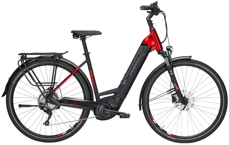 Pegasus Premio E10 EVO Wave Rot Pegasus E10 mit Bosch Mittelmotor und Shimano Kettenschaltung und Suntour Federgabel