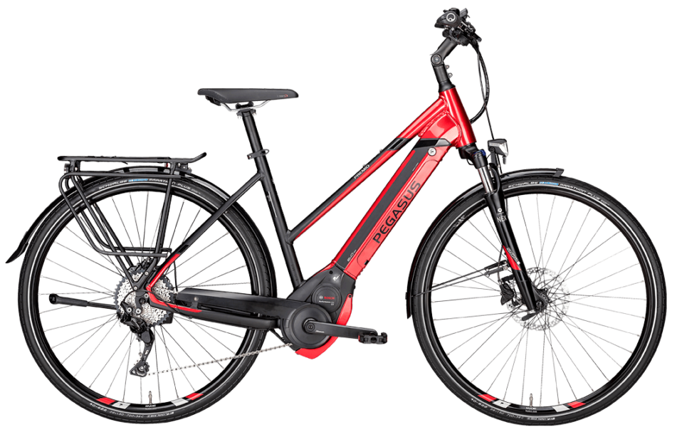 Pegasus Premio E10 Trapez Rot Pegasus Pedelec in Rot in Trapezrahmen mit Bosch Motor, Shimano Scheibenbremsen und Shimano Schaltung mit Schwalbe Marathon Plus Reifen