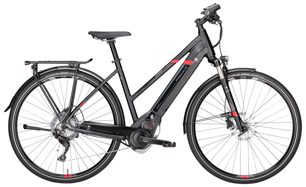 Pegasus Premio E11 Trap sch Pegasus Pedelec in Schwarz in Trapezrahmen mit Bosch Motor, Shimano Scheibenbremsen und Shimano Schaltung mit Schwalbe Racer Reifen