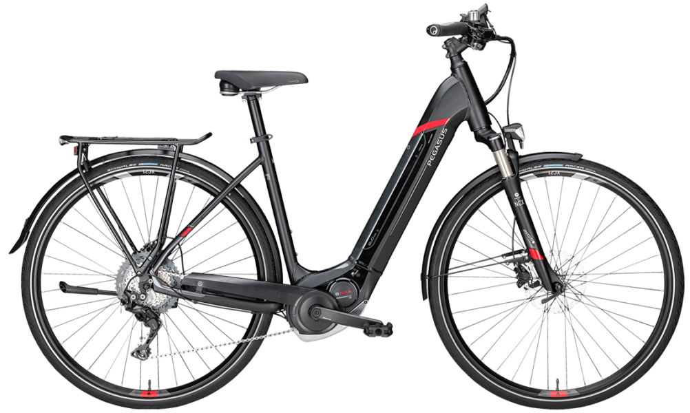 Pegasus Premio E11 Wave sch Pegasus Pedelec in Schwarz in Tiefeinstieg mit Bosch Motor, Shimano Scheibenbremsen und Shimano Schaltung mit Schwalbe Racer Reifen