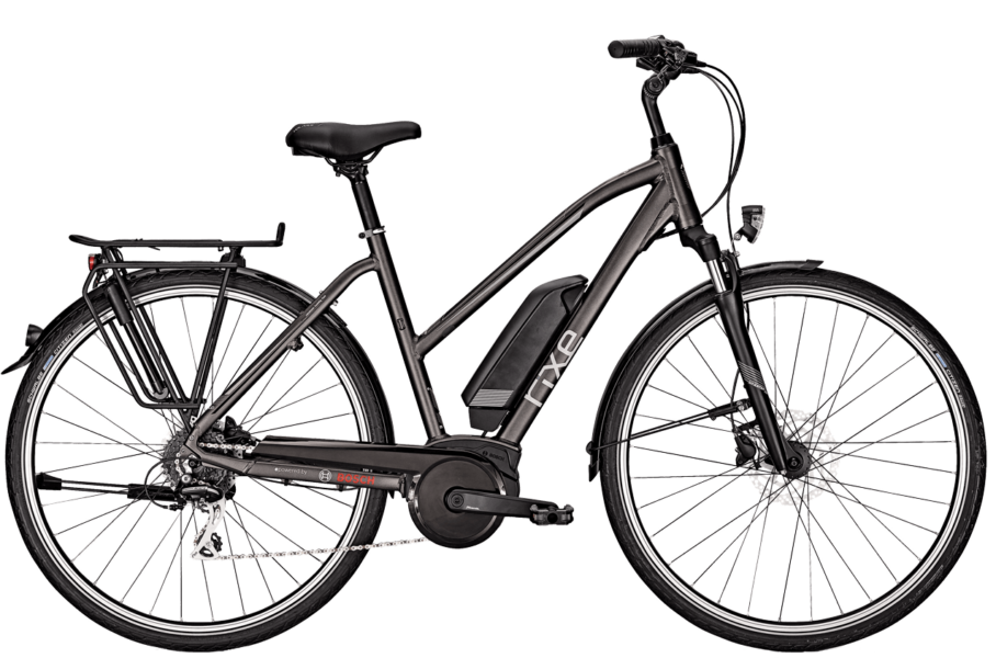 Rixe Bordeaux B8 Disc Trap graues Damen Trekking E Bike mit Trapezrahmen, Bosch Motor und Shimano Kettenschaltung