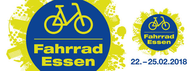 Messe Fahrrad Essen blauer Button mit einem gelben Fahrrad Pictogramm und dem Text: Fahrrad Essen