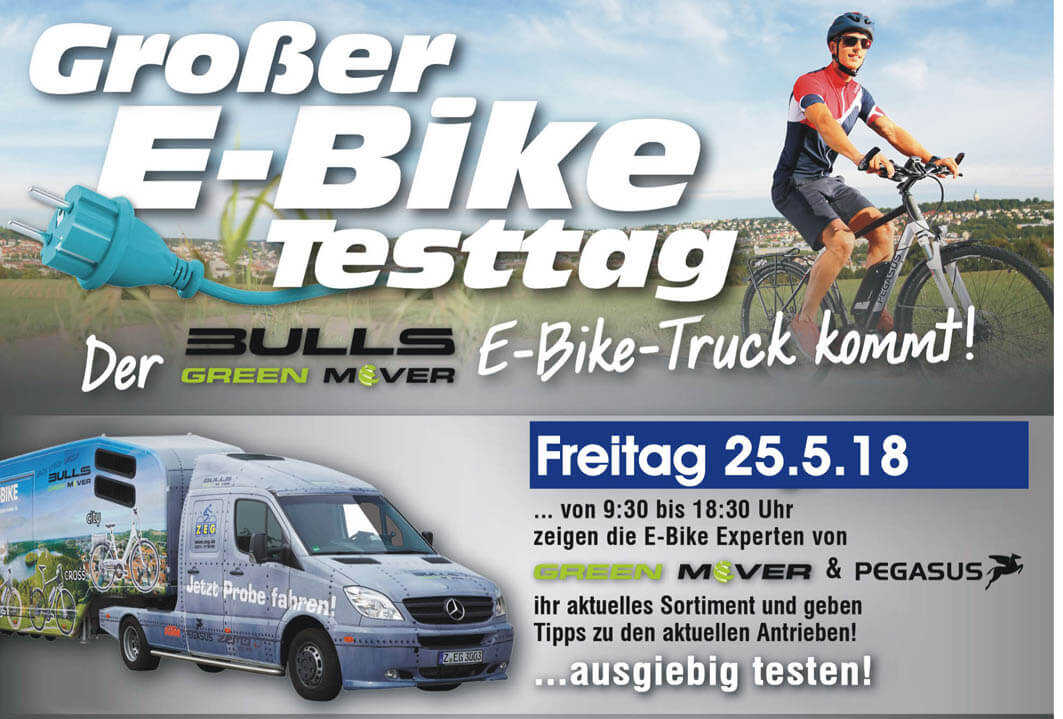 E Bike Test-Tag 2018 Text : "Großer E-Bike Testtag" mit einer Abbildung eines Trucks